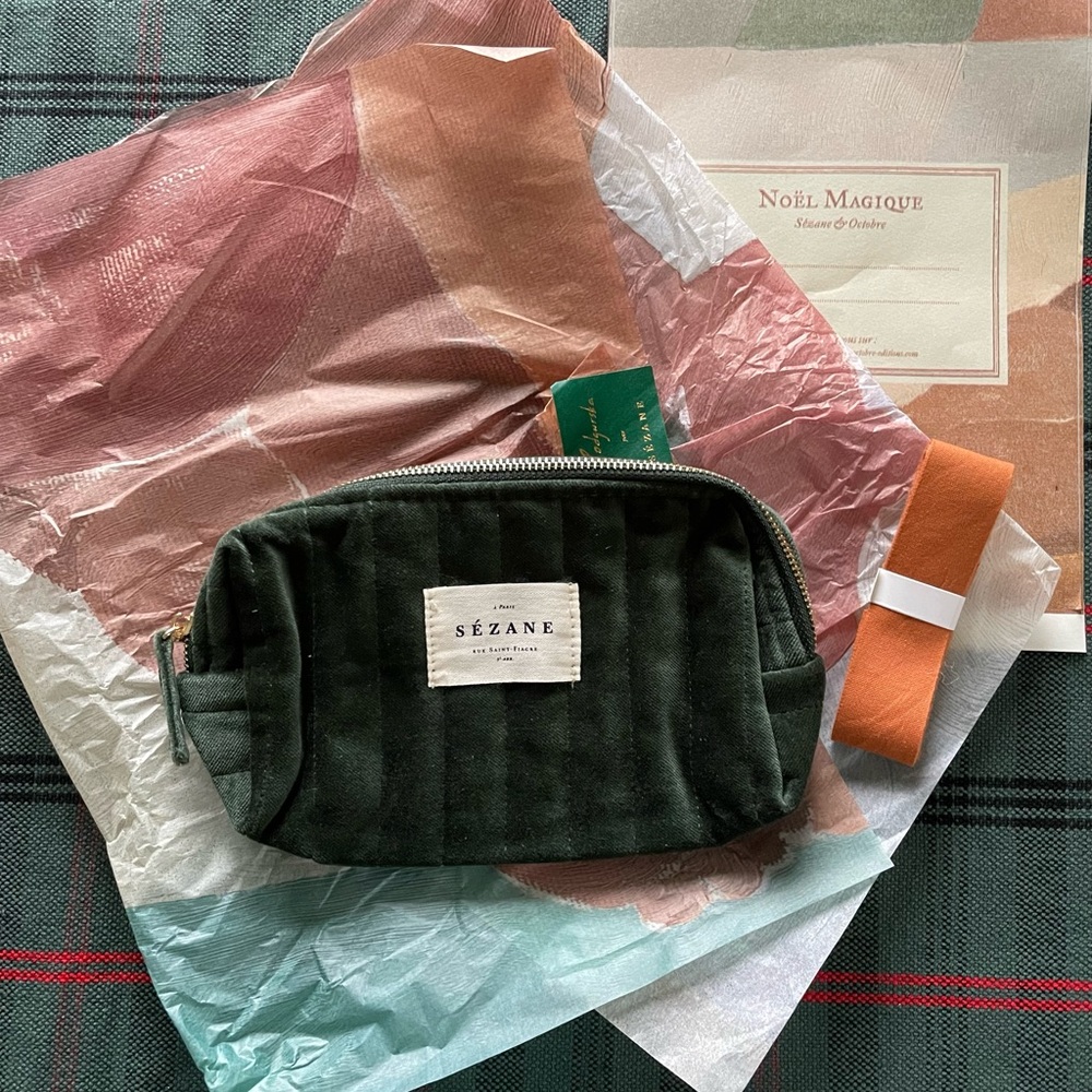 NWT Sezane limited edition green velvet zip pouch